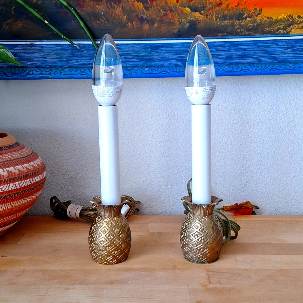 2 Vintage Small Brass Pineapple Electric Candlesticks